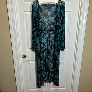 Elegant Floral Long Sleeve Sheer Duster in Black and Teal